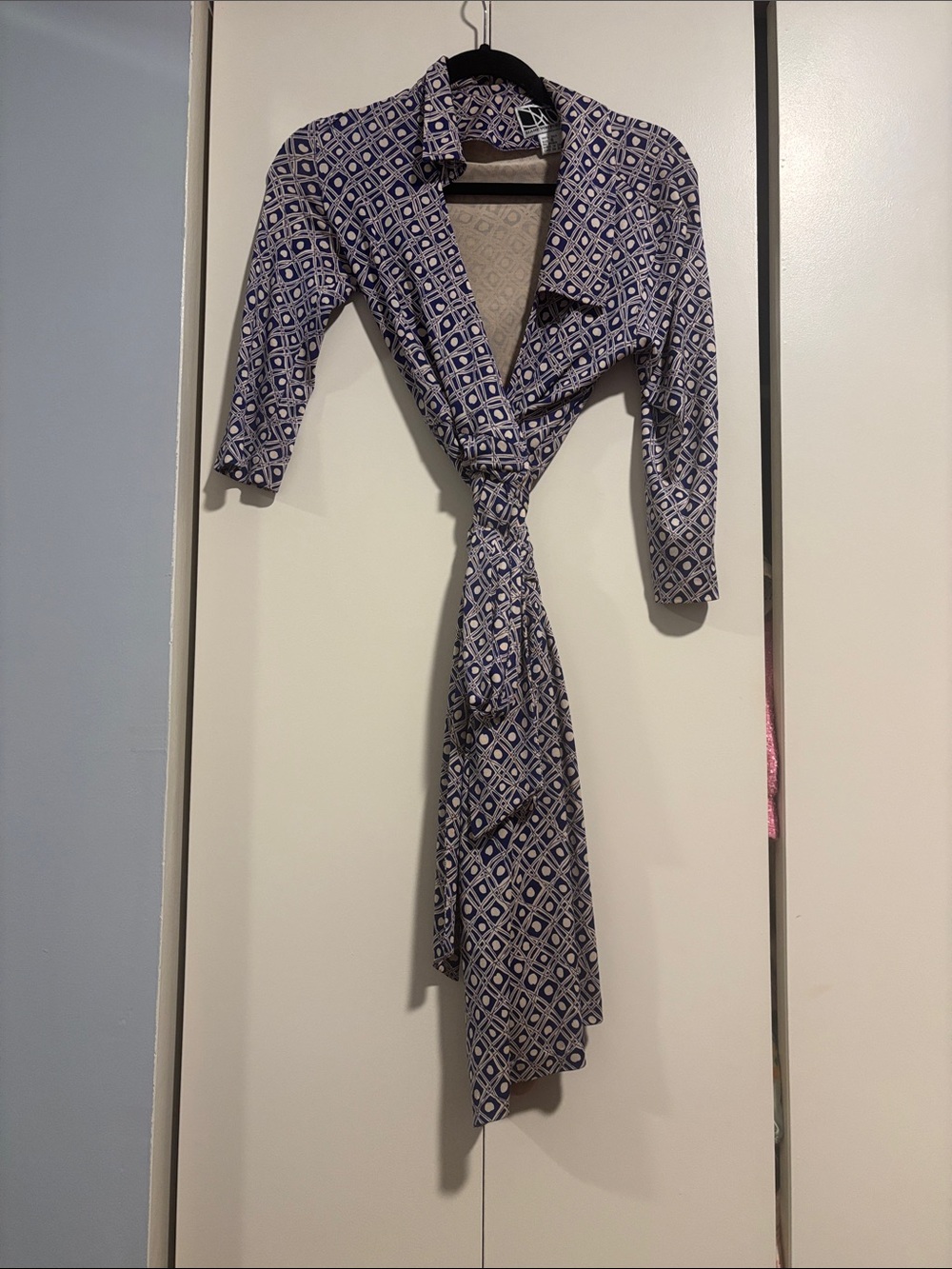 Diane Von Furstenberg Silk Blue & Cream Geometric Wrap Dress